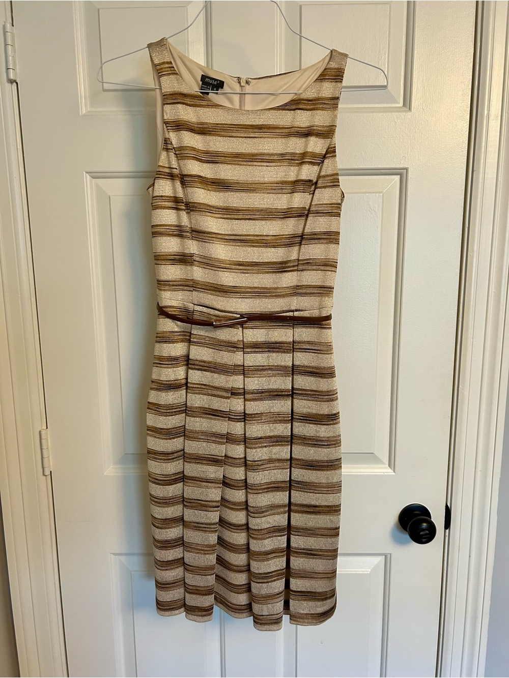 Muse Striped Sleeveless Belted A-Line Dress